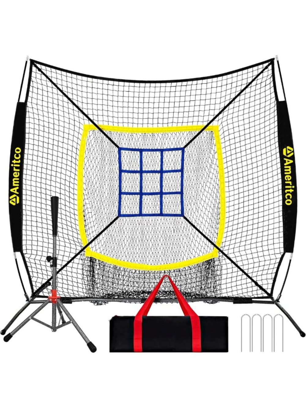 7x7ft Baseball Practice Net with Tee & Target - Hitting, Batting, Pitching Aid
